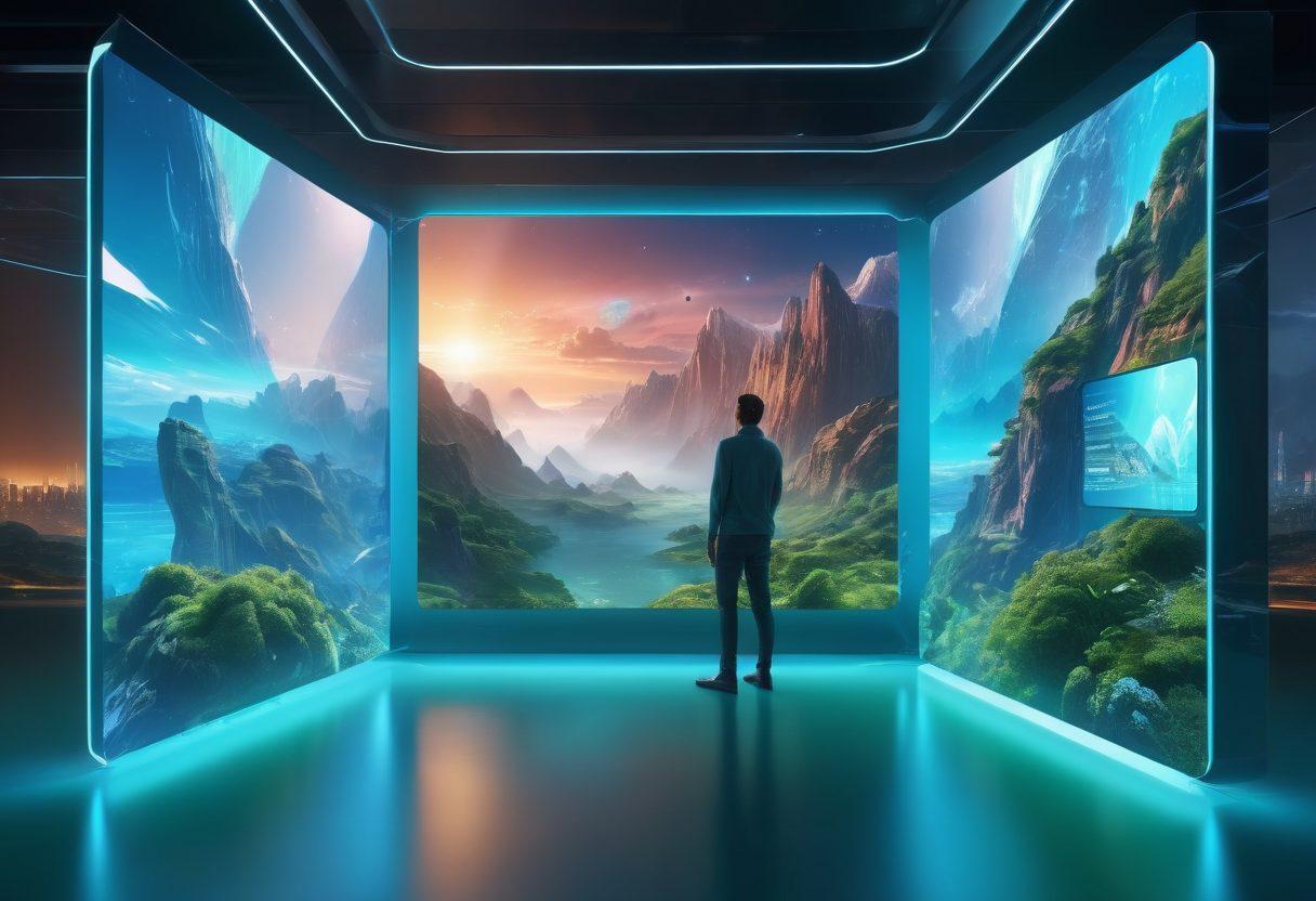 A futuristic landscape showcasing innovative technology, featuring a holographic interface displaying various applications. Include diverse people interacting with cutting-edge devices and vibrant screens that emit light in rich blues and greens. The atmosphere should feel dynamic and inspiring, symbolizing a revolution in technology and creativity. super-realistic. vibrant colors. 3D.