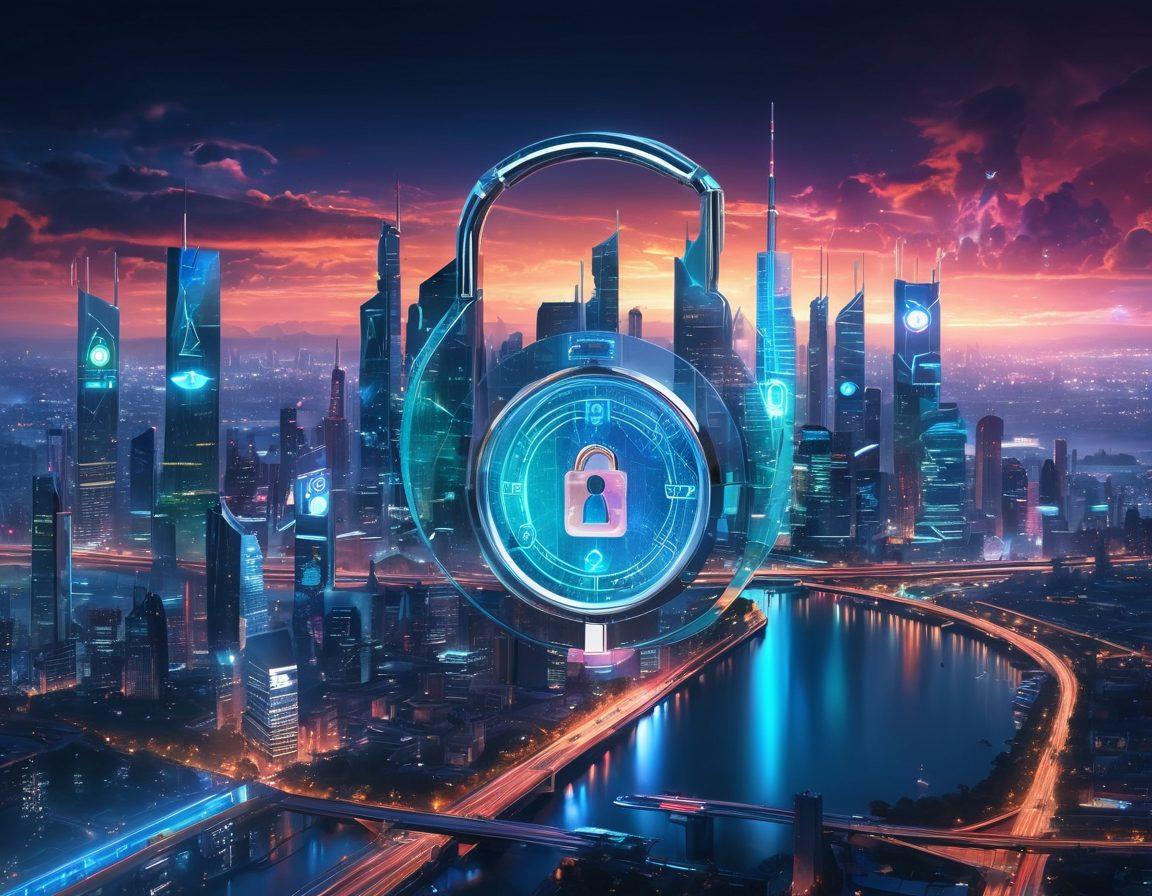 A futuristic city skyline illuminated with innovative technology symbols, featuring a prominent emblem of a key unlocking a digital padlock. Showcase diverse individuals collaborating with advanced gadgets, surrounded by holographic displays representing tech solutions. The scene should convey a sense of progress and creativity, blending nature with technology. vibrant colors. cyberpunk.