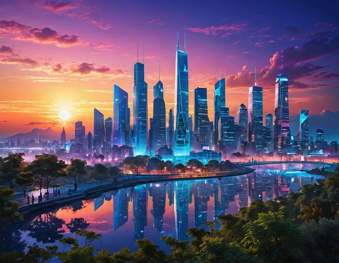 A futuristic city skyline at dawn, symbolizing transformation and innovation, with a blend of nature and technology. Include people collaborating around a holographic blueprint, showcasing today's challenges and tomorrow’s solutions. Incorporate vibrant colors to evoke hope and creativity. surrealistic elements intermixed with a modern aesthetic, capturing the essence of dynamic change. super-realistic. vibrant colors.